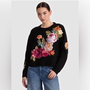 Alice + Olivia Black Floral Crewneck Sweater